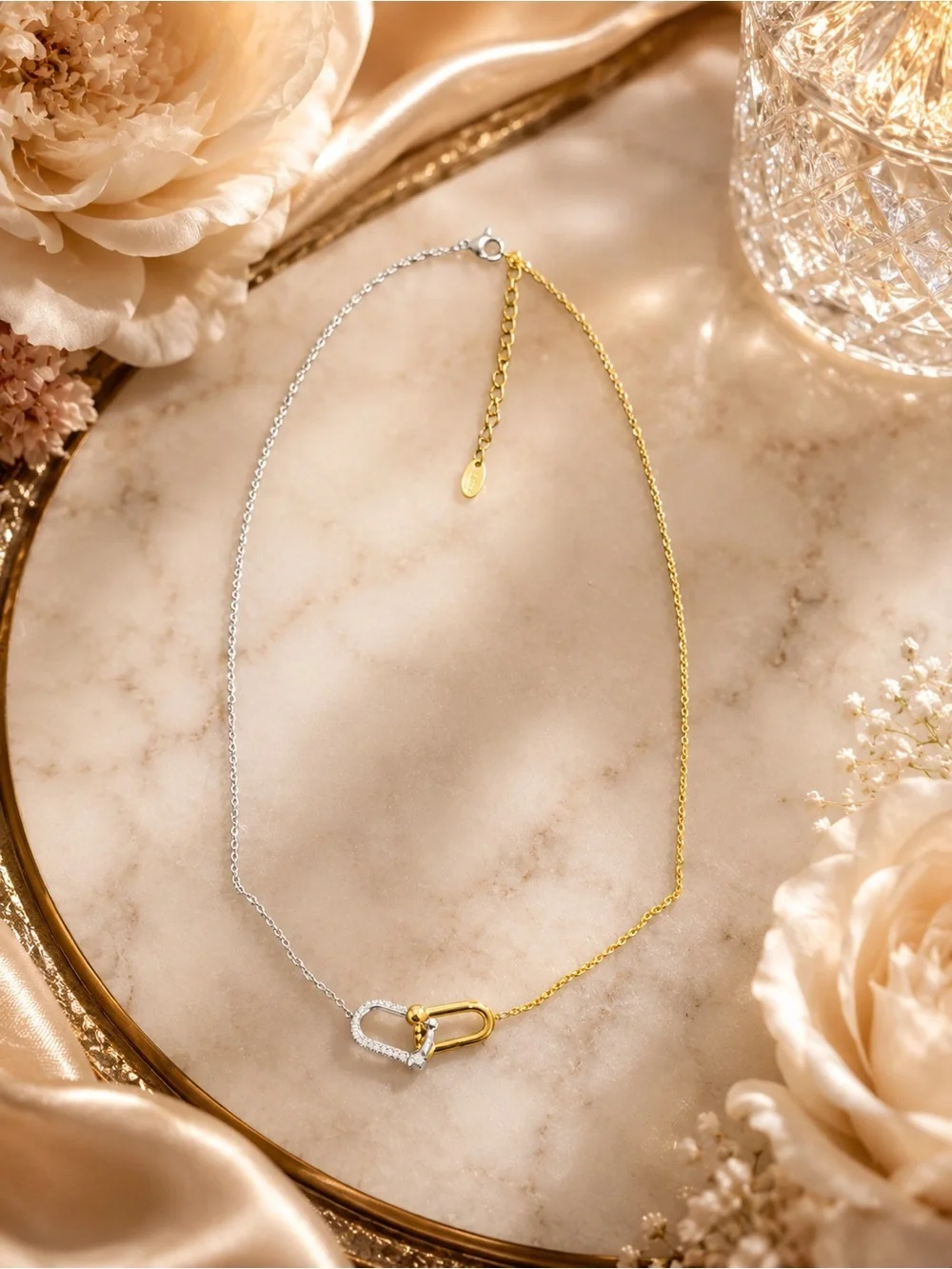 Two-Tone Heart Carabiner Necklace | Gold & Silver Pavé Heart Pendant